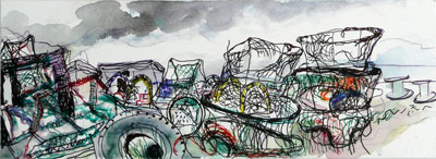 drawing by Sally Booth of Nets and Rain (Lobster pots, Hastings)