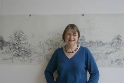 Sally Booth with panoramic drawing