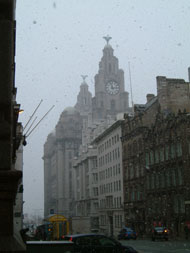 Snowing in Liverpool 2nd Feb towards the Liver building