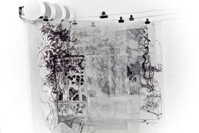 Allerton Towers. 3 layered transparent drawings made on location, pen on acetate on hanging rail 127 cm x 91 cm approx