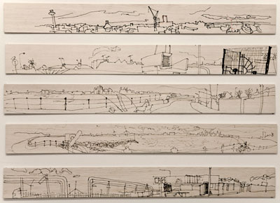 Liverpool panoramas,  pen on balsa wood  10cm x 92 cm