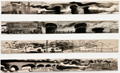 North dock adn the canal, 4 pen and ink wash drawings on balsa wood 10cm x 92cm