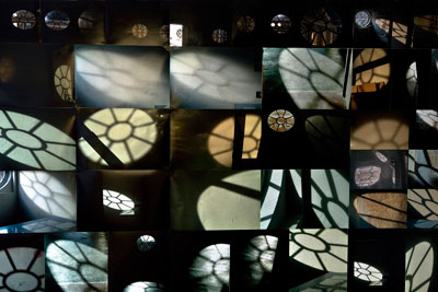 Studio windows photo montage. A selection from a series taken of shadows, reflections and changing light inspired by the oval windows in my studio over the period of the residency 160 cm x 245 cm