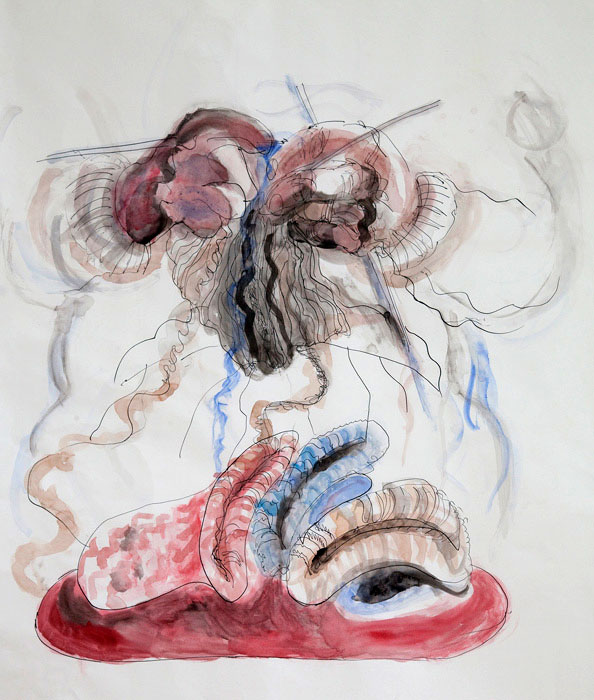 Annie knitting - ink and watercolour