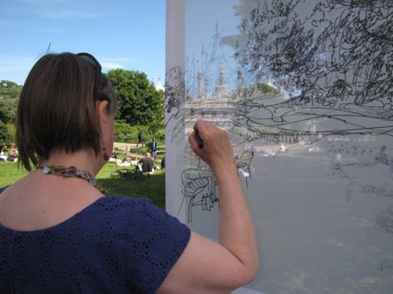 Sally working on the drawing tent