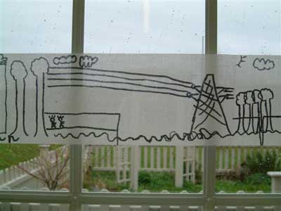 Pylon at Merton Abbey Mills by Marco age 6 permanent pen on recycled material displayed in classroom