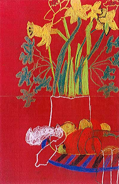 Daffodills in pastel on red paper by Ali