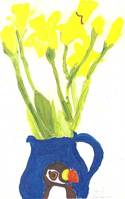 Daffodils and a toy puffin by Ali