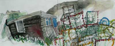 drawing by Sally Booth of Shed and lobster pots