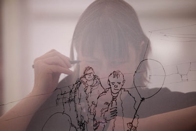 Sally drawing inside her installlation  Liberty