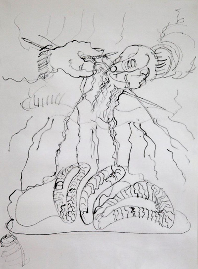 Annie knitting - indian ink