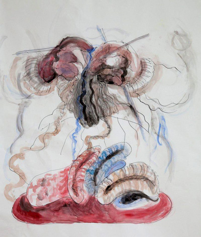 Annie knitting; ink and watercolour