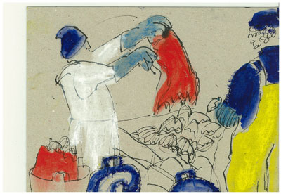 Emptying sack of scallops pen and oil stick on card