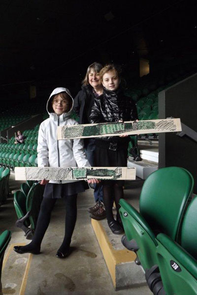 Sally with Merton Abby pupils with their Centre Court drawings, Pen on balsa wood