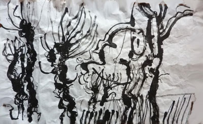 Winter Trees. Indian ink on crinkly Japanese Washi paper 2012