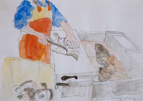 Shetland - Davie filleting plaice - colour - 29 x 42cm - pen, acrylic and watercolour on paper