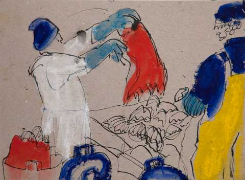 Shetland - Emptying a sack of scallops - 18 x 24cm - pen and acrylic on card
