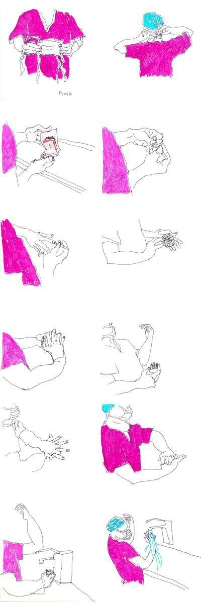 These 12 pen on acetate dra<h5>wings of a Theatre Practitioner or "Scrubs Nurse" show the process of "scrubbing up" from putting on the mask, to the meticulous protocol for handwashing to prepare for theatre.  Theatre practitioner Katie posed for this series 