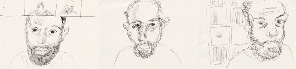 Horizontal strip of three black ink drawings
